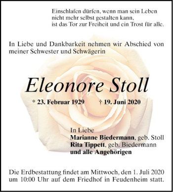 Traueranzeige von Eleonore Stoll von Mannheimer Morgen