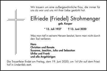 Traueranzeige von Elfriede  Strohmenger von Bergsträßer Anzeiger