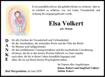 Traueranzeige von Elsa Volkert von Fränkische Nachrichten