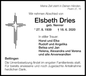 Traueranzeige von Elsbeth Dries von Fränkische Nachrichten