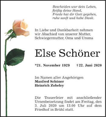 Traueranzeige von Else Schöner von Schwetzinger Zeitung