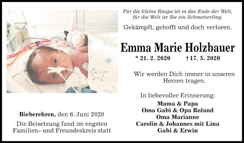 Traueranzeige für Emma Marie Holzbauer vom 06.06.2020 aus Fränkische Nachrichten