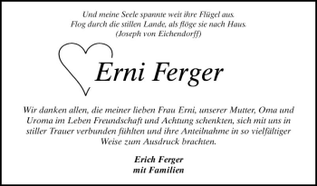 Traueranzeige von Erni Ferger von Bergsträßer Anzeiger