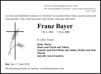 Traueranzeige von Franz Bayer von Fränkische Nachrichten