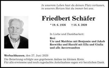 Traueranzeige von Friedbert Schäfer von Fränkische Nachrichten