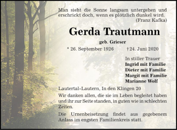 Traueranzeige von Gerda Trautmann von Bergsträßer Anzeiger