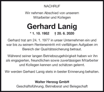 Traueranzeige von Gerhard Lanig von Fränkische Nachrichten