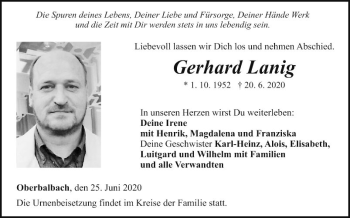 Traueranzeige von Gerhard Lanig von Fränkische Nachrichten