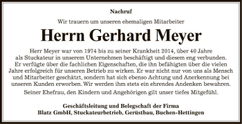 Traueranzeige von Gerhard Meyer von Fränkische Nachrichten