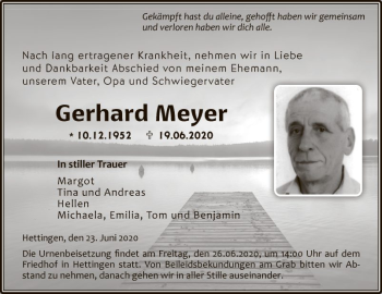 Traueranzeige von Gerhard Meyer von Fränkische Nachrichten