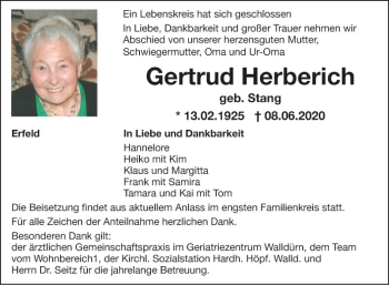 Traueranzeige von Gertrud Herberich von Fränkische Nachrichten