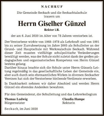 Traueranzeige von Giselher Günzel von Fränkische Nachrichten