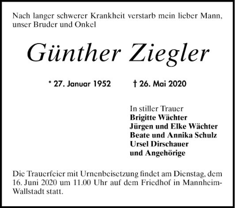  Traueranzeige für Günther Ziegler vom 13.06.2020 aus Mannheimer Morgen
