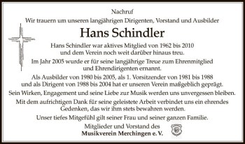 Traueranzeige von Hans Schindler von Fränkische Nachrichten