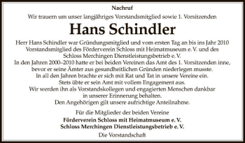 Traueranzeige von Hans Schindler von Fränkische Nachrichten