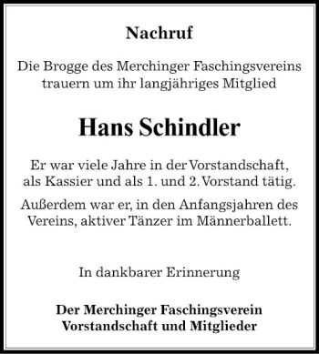 Traueranzeige von Hans Schindler von Fränkische Nachrichten