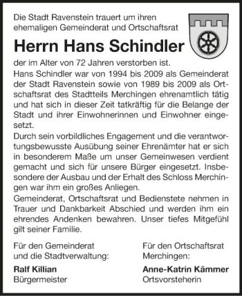 Traueranzeige von Hans Schindler von Fränkische Nachrichten