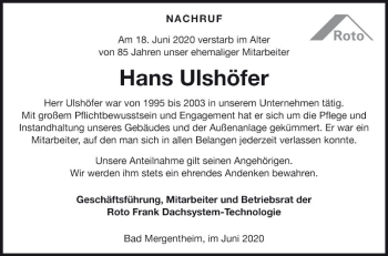 Traueranzeige von Hans Ulshöfer von Fränkische Nachrichten