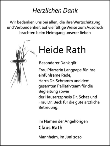 Traueranzeige von Heide Rath von Mannheimer Morgen