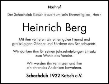Traueranzeige von Heinrich Berg von Schwetzinger Zeitung