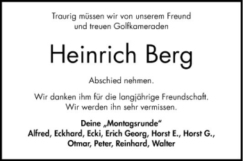Traueranzeige von Heinrich Berg von Schwetzinger Zeitung