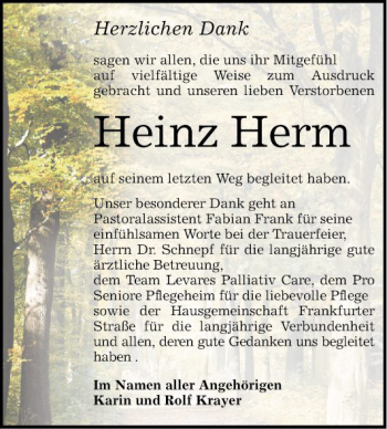 Traueranzeige von Heinz Herm von Schwetzinger Zeitung