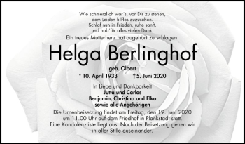 Traueranzeige von Helga Berlinghof von Schwetzinger Zeitung