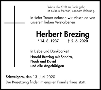 Traueranzeige von Herbert Brezing von Fränkische Nachrichten