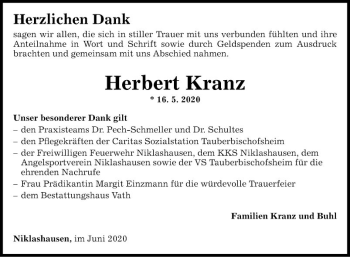 Traueranzeige von Herbert Kranz von Fränkische Nachrichten