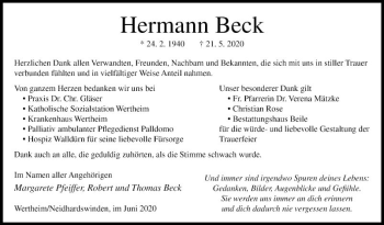 Traueranzeige von Hermann Beck von Fränkische Nachrichten