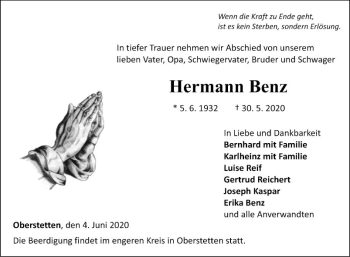 Traueranzeige von Hermann Benz von Fränkische Nachrichten