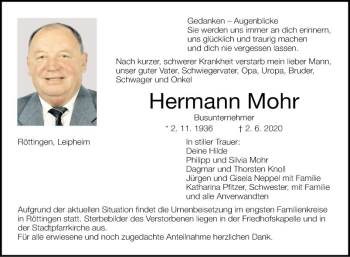 Traueranzeige von Hermann Mohr von Fränkische Nachrichten