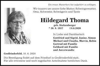 Traueranzeige von Hildegard Thoma von Fränkische Nachrichten