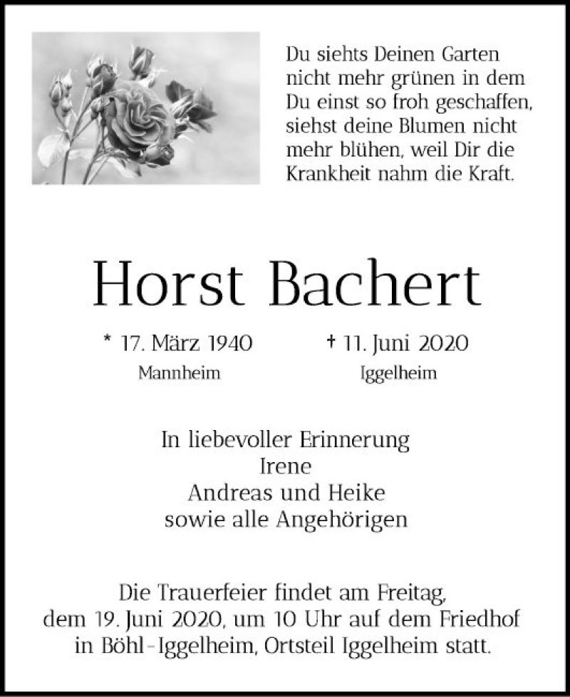  Traueranzeige für Horst Bachert vom 16.06.2020 aus Mannheimer Morgen