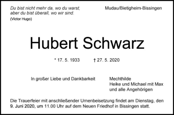 Traueranzeige von Hubert Schwarz von Fränkische Nachrichten