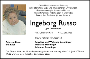 Traueranzeige von Ingeborg Russo von Mannheimer Morgen