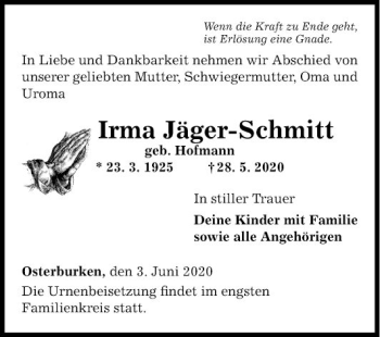 Traueranzeige von Irma Jäger-Schmitt von Fränkische Nachrichten