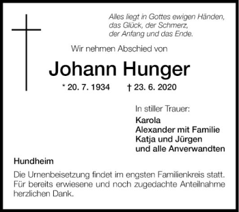 Traueranzeige von Johann Hunger von Fränkische Nachrichten