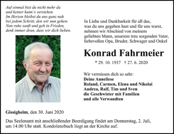 Traueranzeige von Konrad Fahrmeier von Fränkische Nachrichten