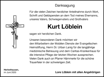 Traueranzeige von Kurt Löblein von Fränkische Nachrichten