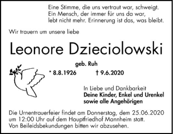 Traueranzeige von Leonore Dzieciolowski von Mannheimer Morgen