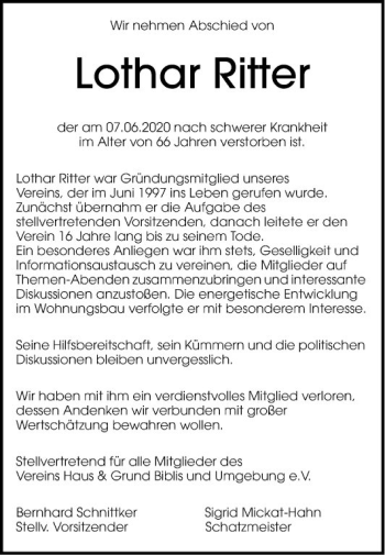 Traueranzeigen von Lothar Ritter | Trauerportal Ihrer Tageszeitung
