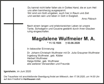 Traueranzeige von Magdalene Wulfmeier von Fränkische Nachrichten