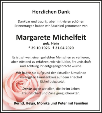 Traueranzeige von Margarete Michelfeit von Fränkische Nachrichten