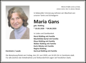 Traueranzeige von Maria Gans von Fränkische Nachrichten