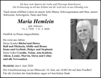 Traueranzeige von Maria Hemlein von Fränkische Nachrichten