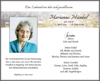 Traueranzeige von Marianne Münkel von Fränkische Nachrichten