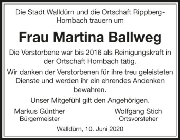 Traueranzeige von Martina Ballweg von Fränkische Nachrichten