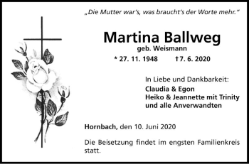 Traueranzeige von Martina Ballweg von Fränkische Nachrichten