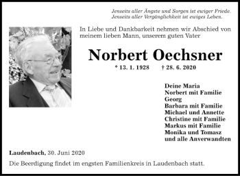 Traueranzeige von Norbert Oechsner von Fränkische Nachrichten